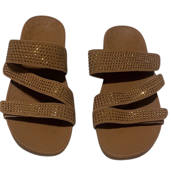 Vionic Alexis Womens Tan Platform Studded Strappy Slide Sandals Adjustable